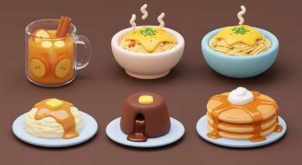 Stylized Food Illustrations: Drink, Spaghetti, Mashed Potatoes, Chocolate Dessert, and Pancakes.