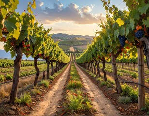 Obraz premium Vineyard Pathway at Sunset.