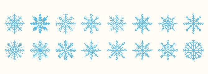 Blue Snowflake Collection. Winter Snowflakes Icon Set. Blue Snowflakes Isolated on White Background. Assortment of Decorative Winter Snowflakes Icons.