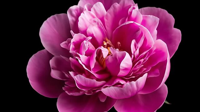 Close-up of a vibrant pink peony flower blooming against a stark black background.