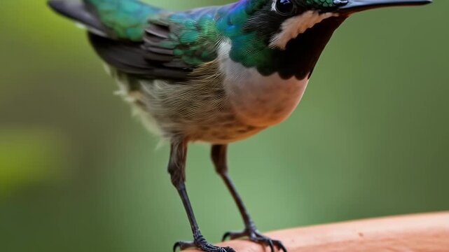 Close-up of a vibrant hummingbird drinking nectar from a wooden surface.