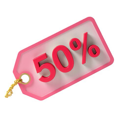 Floating pink price tag against a black background featuring a 3D rendered fifty percent discount announcement; the tag showcases a contrasting white interior and a vibrant red "50%" with soft...