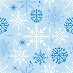 Blue and White Snowflakes Seamless Pattern. Winter Holiday Repeating Background with Ice Crystals. Snow and Frost Vector Pattern.