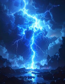 A colossal blue lightning bolt strikes the earth