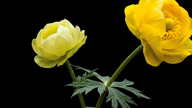 Close-up of two yellow globe flowers with green leaves against a black background.