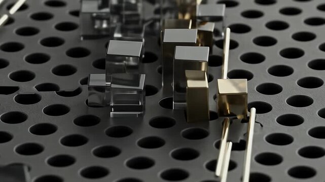 Close-up of tiny metallic components arranged on a perforated surface.