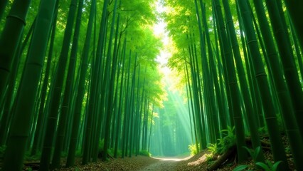 Serene Path Through a Lush Bamboo Forest, Sunlight Filtering Through the Dense Canopy, Creating a Mystical Atmosphere