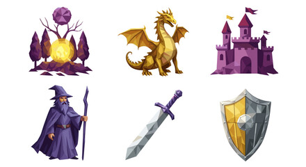 Collection of fantasy themed elements including dragon castle and wizard