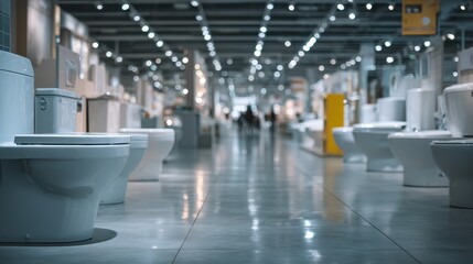 A modern showroom displays a variety of toilets arranged in rows, with bright overhead lighting and a spacious, polished floor.