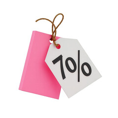 Creative depiction of a sales tag showing a 10% discount, showcasing a white label with black numbers and a pink background, attached with a natural string against a solid black background,...