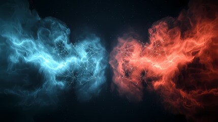 The image displays a cosmic scene featuring a blue, nebulous cloud colliding with a red one, the two connected by an array of white lines and stars, creating a sense of dynamic energy.