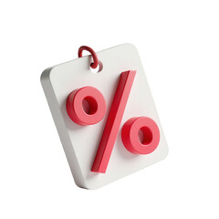 A three-dimensional percentage symbol is rendered with a vibrant red color, prominently displayed against a clean, white tag, suspended by a looped, textured string, isolated on a stark, black...