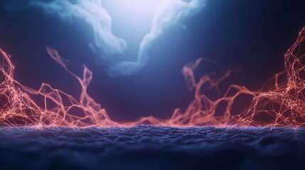 The image exhibits a digital landscape with rising, connected red lines over a rippled blue surface beneath a softly lit, cloudy sky, creating an ethereal and futuristic feel.