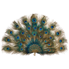 Obraz premium Open peacock feather fan, light beige/tan outer feathers, vibrant teal/blue peacock eyespots