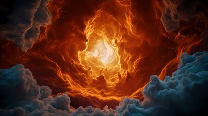 The image shows a majestic view looking upward into the center of a swirling, orange nebula, framed with wispy blue and white clouds, evoking a sense of awe and celestial wonder.