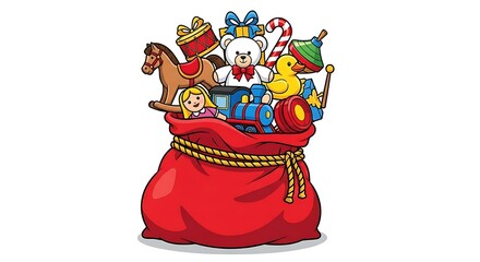 A red sack overflowing with toys including a drum a bear a train and a rocking horse illustration