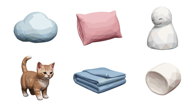 Illustration of cat, pillows, blanket, and a japanese teru teru bozu doll