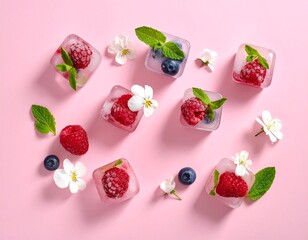 Frozen fruit cubes, raspberries and blueberries, topped with fresh mint and flowers, arranged on a pink background
