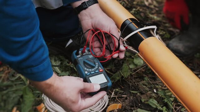 A close-up of an engineer's hands testing the cable resistance in a plastic gas pipe with a multimeter. Technology for laying plastic gas pipes with conductive cable.