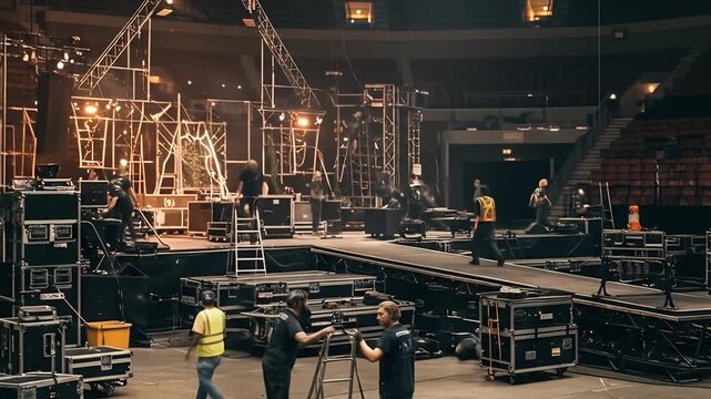 Concert Stage Setup Crew Working on Lighting and Sound Equipment.