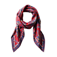 Ornamental silk scarf featuring intricate patterns and vibrant colors like red, blue, and tan, presented against a contrasting black background.