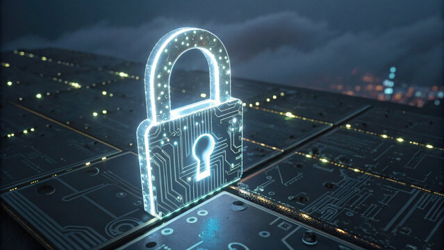Glowing holographic padlock with digital circuits symbolizes cybersecurity and data protection on futuristic circuit board. scene conveys sense of advanced technology and security