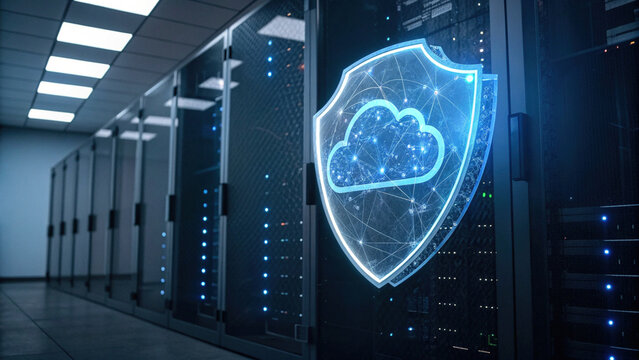 Glowing holographic shield with cloud symbol is projected in modern server room, symbolizing advanced cybersecurity and data protection. atmosphere is futuristic and secure