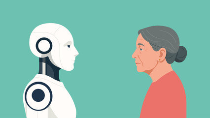 Elderly woman facing humanoid robot, symbolizing technology and aging, artificial intelligence, human and machine relationship, future healthcare, modern society concept. Flat vector illustration