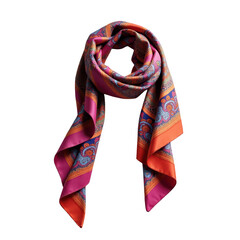 This  shot presents a luxurious silk scarf featuring vibrant colors and detailed paisley patterns, elegantly draped against a black background, highlighting its textures and design.