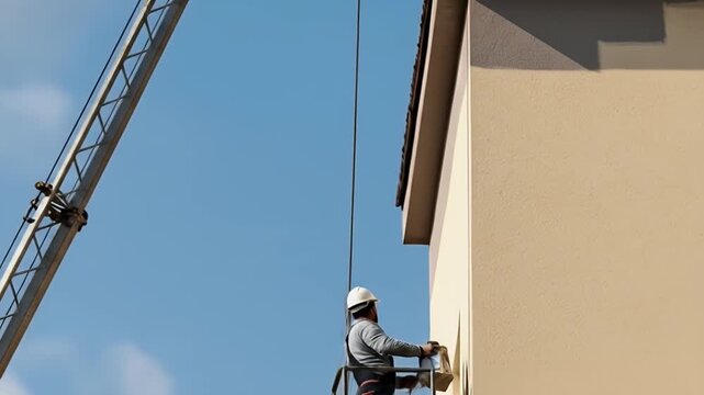 Construction worker on lift painting building exterior with crane in background.