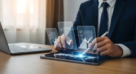 Businessman using tablet with digital document and checklist interface