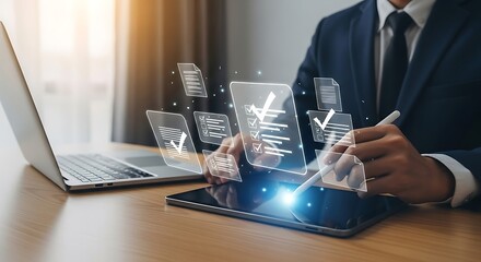 Businessman reviewing digital documents and data on a tablet with futuristic interface