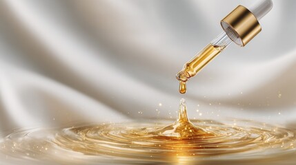 Serum Dropper Releasing Golden Liquid Droplet into Rippling Surface
