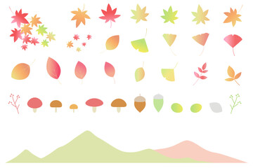 秋をイメージしたイラストセット　アイコン　紅葉　青もみじ　イチョウ　葉っぱ