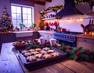 Rustic Christmas Kitchen with Cookies and Festive Decor