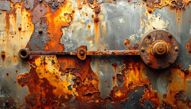 A heavily rusted metal surface with an old latch