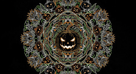 Spooky Halloween Mandala Art with Glowing Jack-o'-Lantern and Intricate Festive Patterns