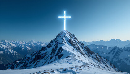 Glowing cross on a snowy mountain peak with a clear blue sky backdrop