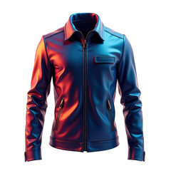 Illuminated navy leather jacket, displayed against a deep black background. The jacket features a shiny, reflective surface with vibrant red and blue lighting, showcasing its material.