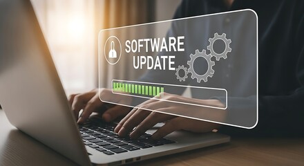 Person using laptop with software update progress bar and gears