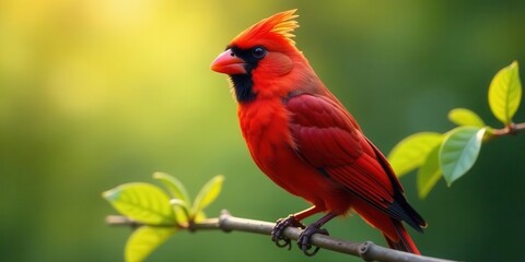 Obraz premium Vibrant Red Bird Perched on a Branch in Soft Sunlight, Nature Photography