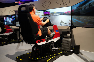 Person Playing a Racing Game on a Simulator with Triple Monitors