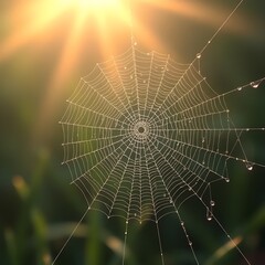 Obraz premium Anime-style gentle morning dew on spider web sparkling with sunlight.