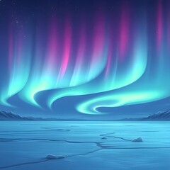 Anime-style glowing aurora painting the sky above icy tundra.