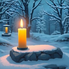 Anime-style glowing candle placed on snowy stone altar in winter night.