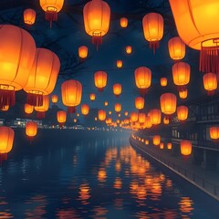 Anime-style glowing lanterns floating over midnight river, symbolizing memories.