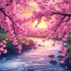 Anime-style glowing cherry blossoms falling into river under sunset.