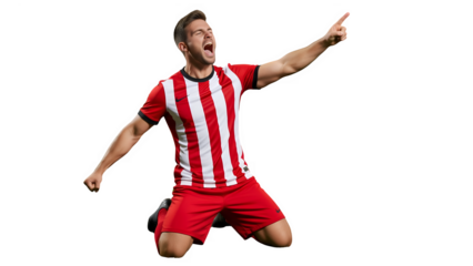 Goal Celebration: A football player exults in the moment of victory, pointing skyward, a portrait of joy and exhilaration after a well-earned win.