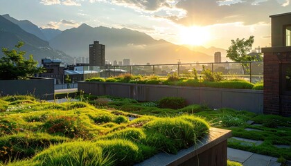 Obraz premium Daylight View on Rooftop Garden with Green Plants and Brick Building Against Mountainous Backdrop