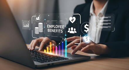 Employee benefits concept with business person using laptop and digital interface
